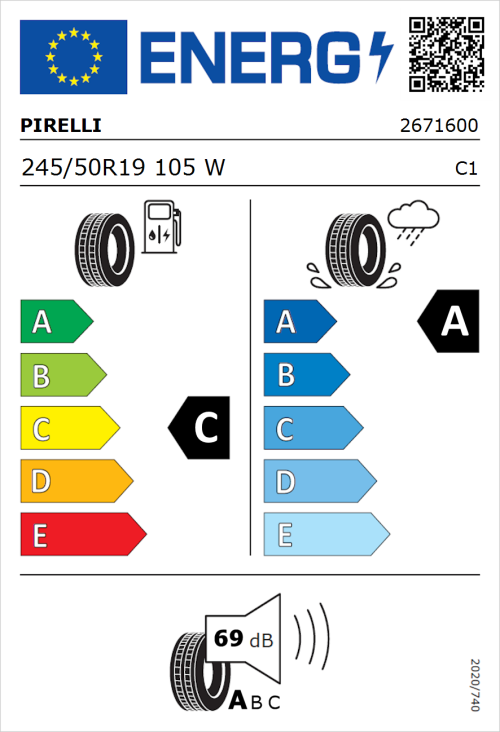 Tyre Label for Pirelli Cinturato P7 Run Flat 245/50R19 105W