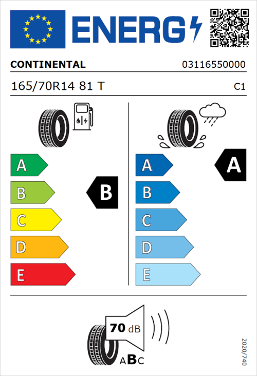 Tyre Label for Continental EcoContact 6 165/70R14 81T