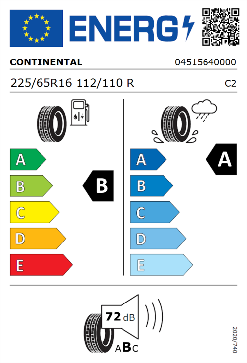 Tyre Label for Continental ContiVanContact 200 225/65R16 112/110R