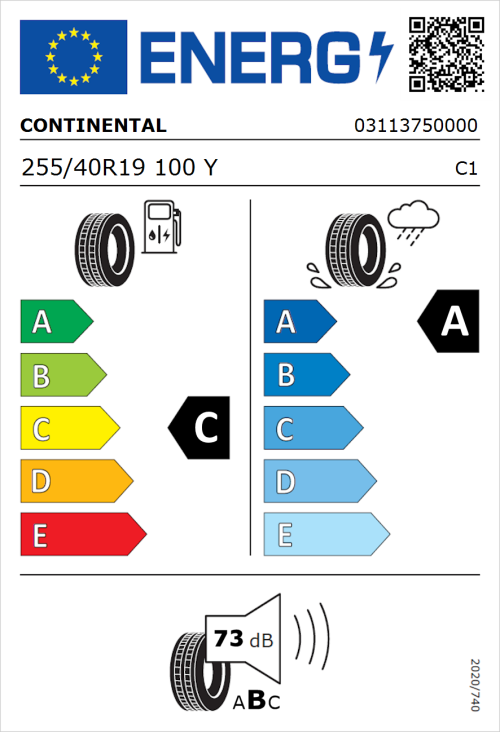 Tyre Label for Continental SportContact 7 255/40R19 100Y
