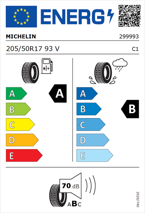 Tyre Label for Michelin e.primacy 205/50R17 93V