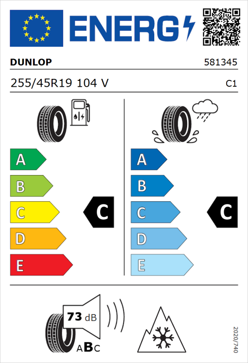 Tyre Label for Dunlop SP Winter Sport 5 255/45R19 104V