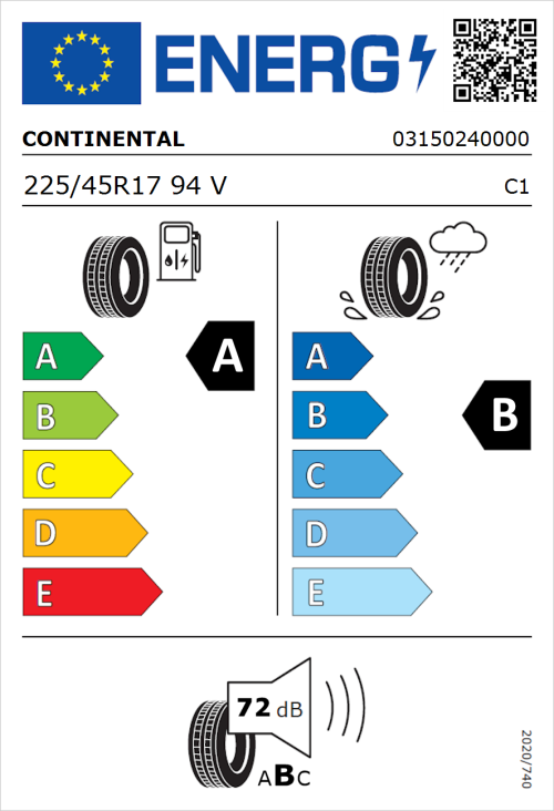 Tyre Label for Continental EcoContact 6 225/45R17 94V