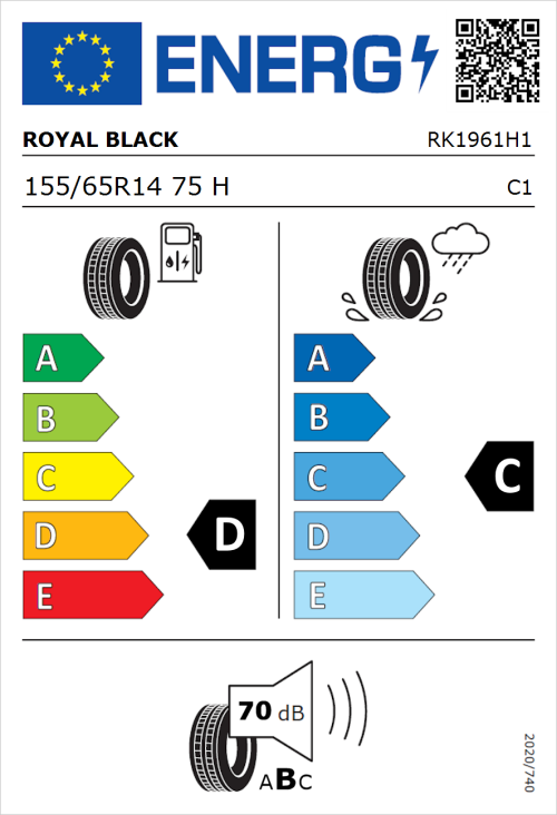 Tyre Label for Royal Black Royal Mile 155/65R14 75H